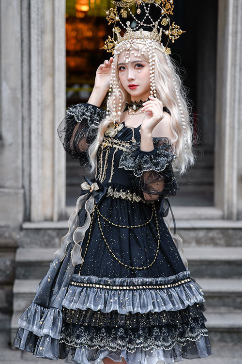 Black Starry Night Square Collar Bowknot Multi-Layer Ruffled Cardigan Gothic Lolita JSK Dress with Detached Sleeves - Product - 5