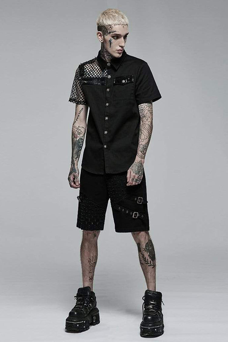 Black Punk Elastic Cotton Twill Fabric Spliced Diamond Mesh Asymmetrical Personality Short Sleeve Men's Shirt - Product - 4