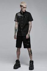 Black Punk Elastic Cotton Twill Fabric Spliced Diamond Mesh Asymmetrical Personality Short Sleeve Men's Shirt - Product - 4