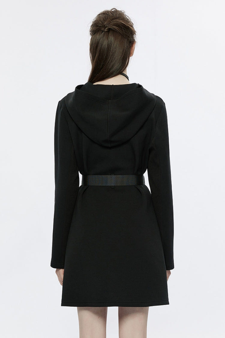 Black Long Sleeves Buckle Belt Hooded Women's Punk Dress - Product - 3