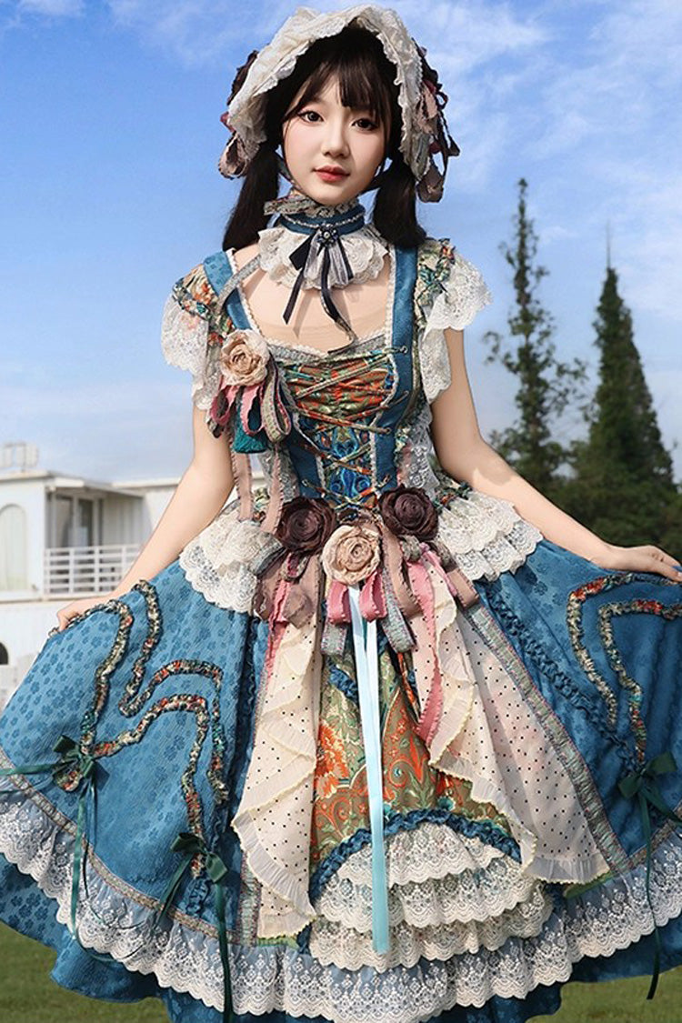 Blue [Lake Monet] Sleeveless High Waisted Print Ruffle Cardigan Bowknot Lace-Up Classic Vintage Elegant Princess Lolita Jsk Dress - Product - 7