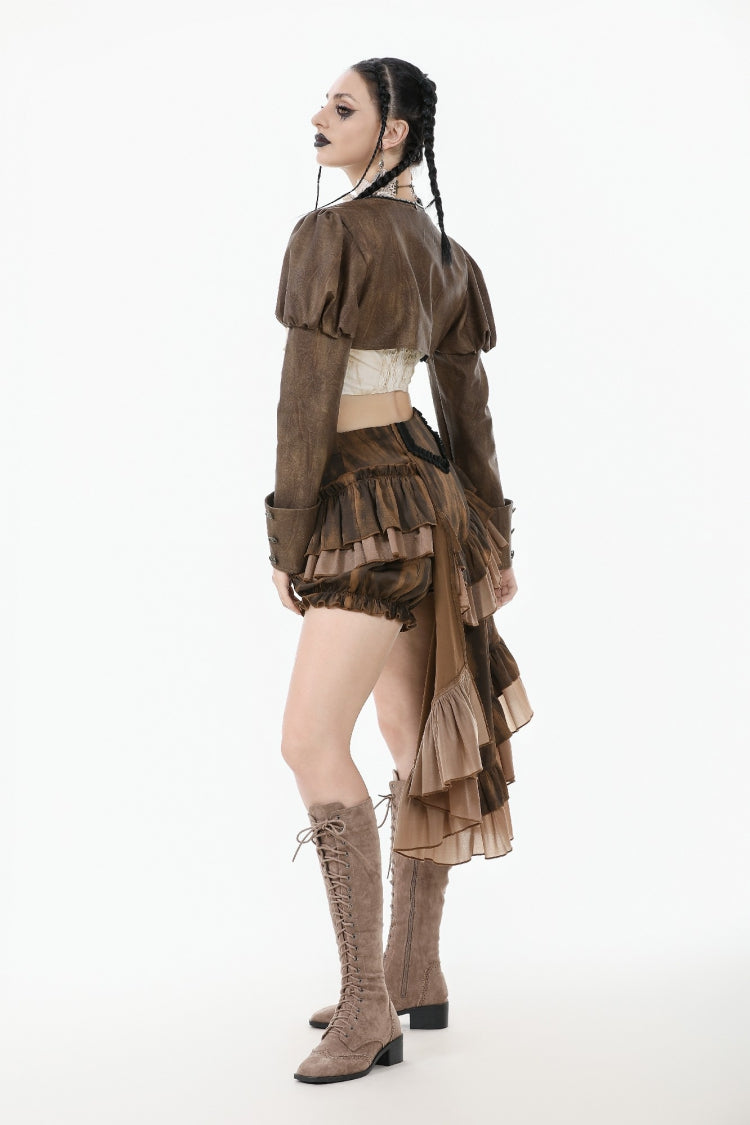 Brown Long Puff Sleeves Zippered Metal-Accented Women's Steampunk Vintage Wrap - Product - 12