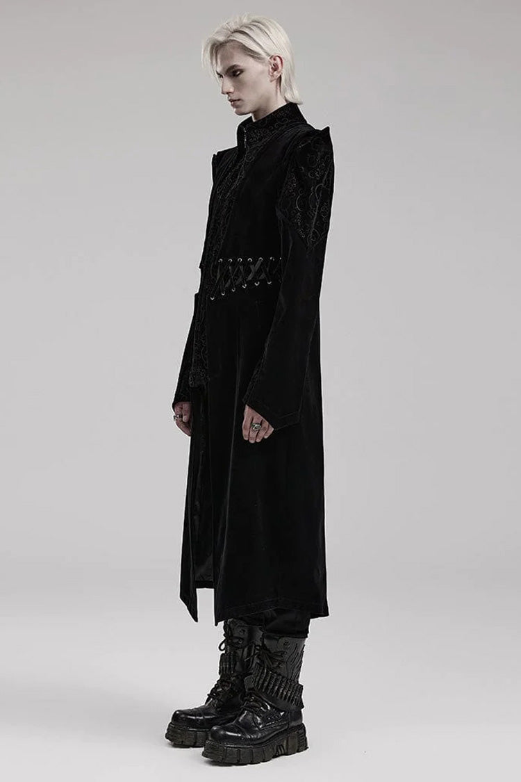 Black Stand Collar Jacquard Print Waist Cord Decoration Mens Gothic Mid Length Coat - Product - 3