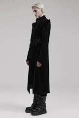 Black Stand Collar Jacquard Print Waist Cord Decoration Mens Gothic Mid Length Coat - Product - 3