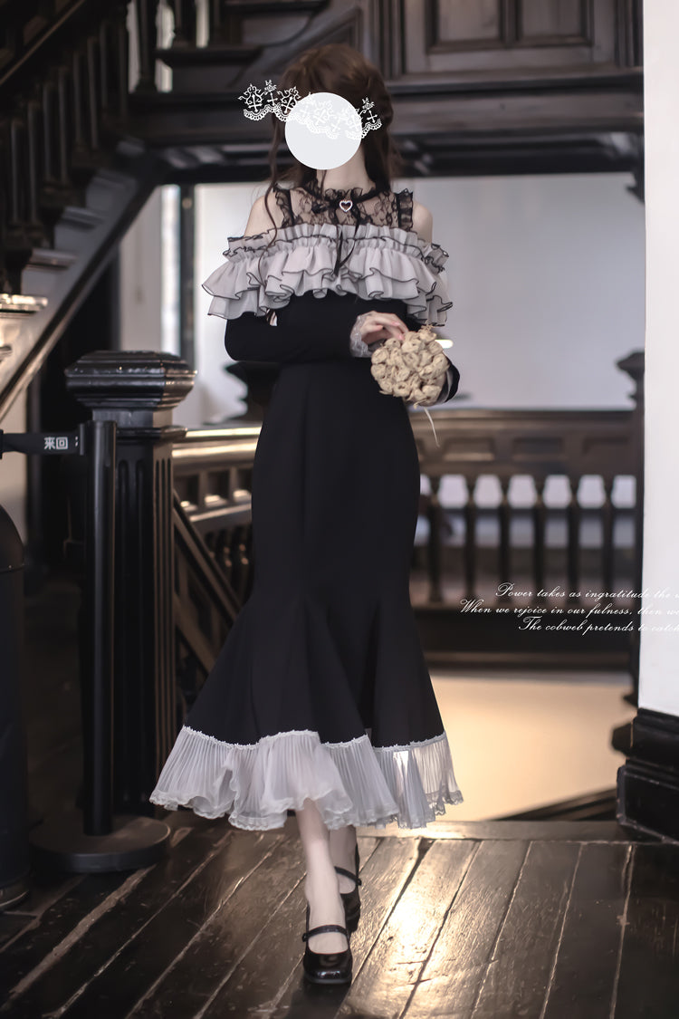 Black [Night Cherry Blossoms] Long Sleeves Ruffle Bowknot Daily Sweet Elegant Lolita Fishtail Dress - Product - 3