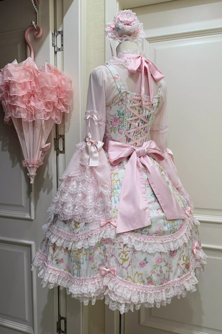White/Pink Sleeveless Flower Wall Print Ruffle Bowknot Lace Sweet Lolita Jsk Dress - Product - 9