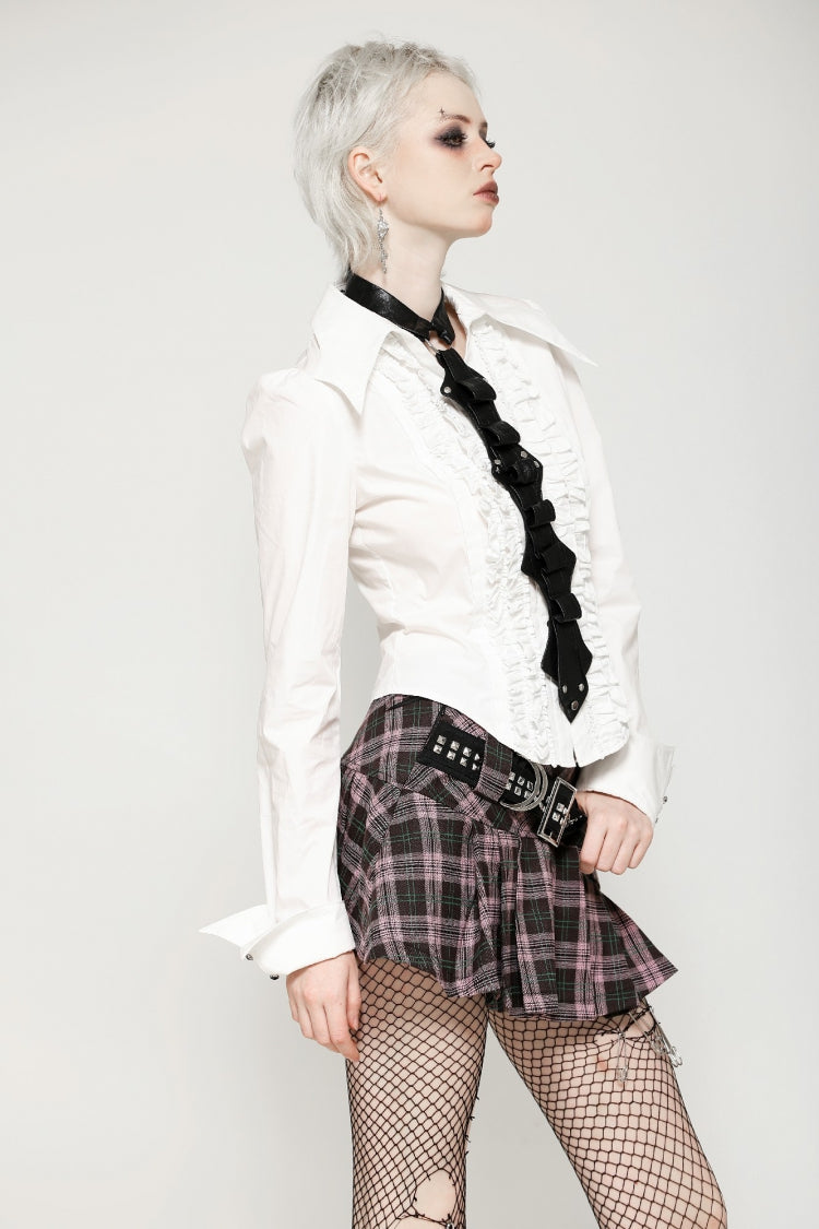 Pink/Brown Buckled Plaid Women's Punk Pleated Mini Skirt - Product - 2