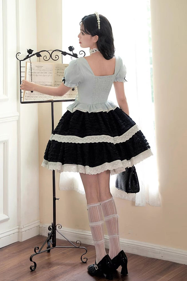Black/Blue Mint Dark Chocolate Fake Two-piece Square Collar Ruffle Bowknot Sweet Lolita Dress - Product - 9