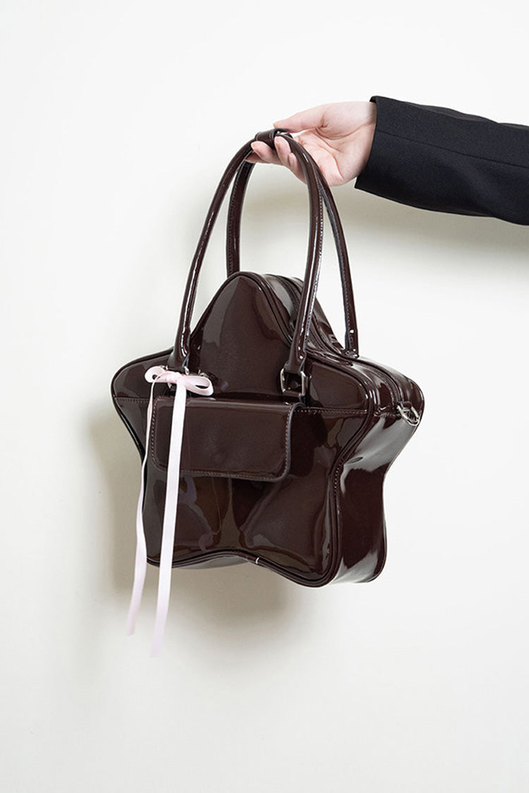 Chocolate Patent Leather Star Bow Sweet Lolita Handbag - Product - 4
