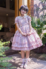 Pink Doll Collar Short Sleeves Iris Poem Print Ruffle Embroidery Sweet Lolita Dress - Product - 7