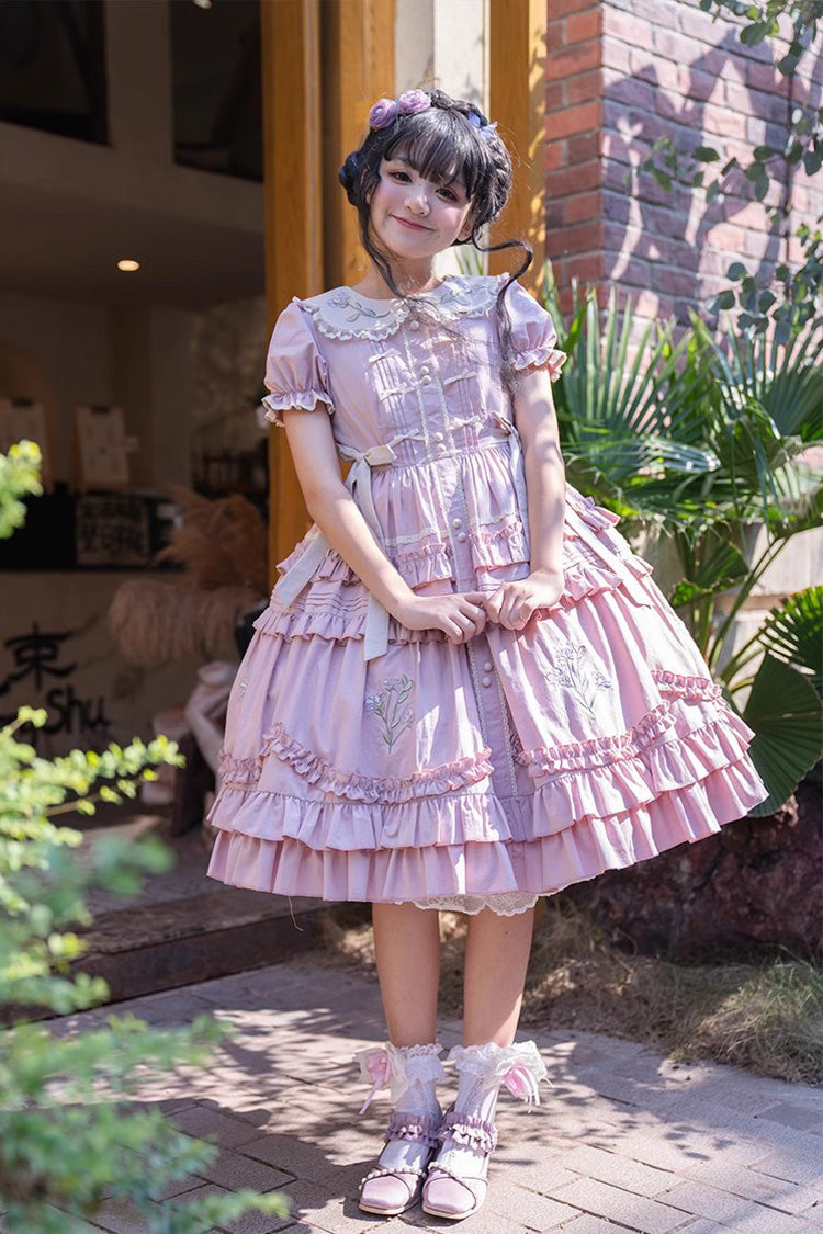 Pink Doll Collar Short Sleeves Iris Poem Print Ruffle Embroidery Sweet Lolita Dress - Product - 7