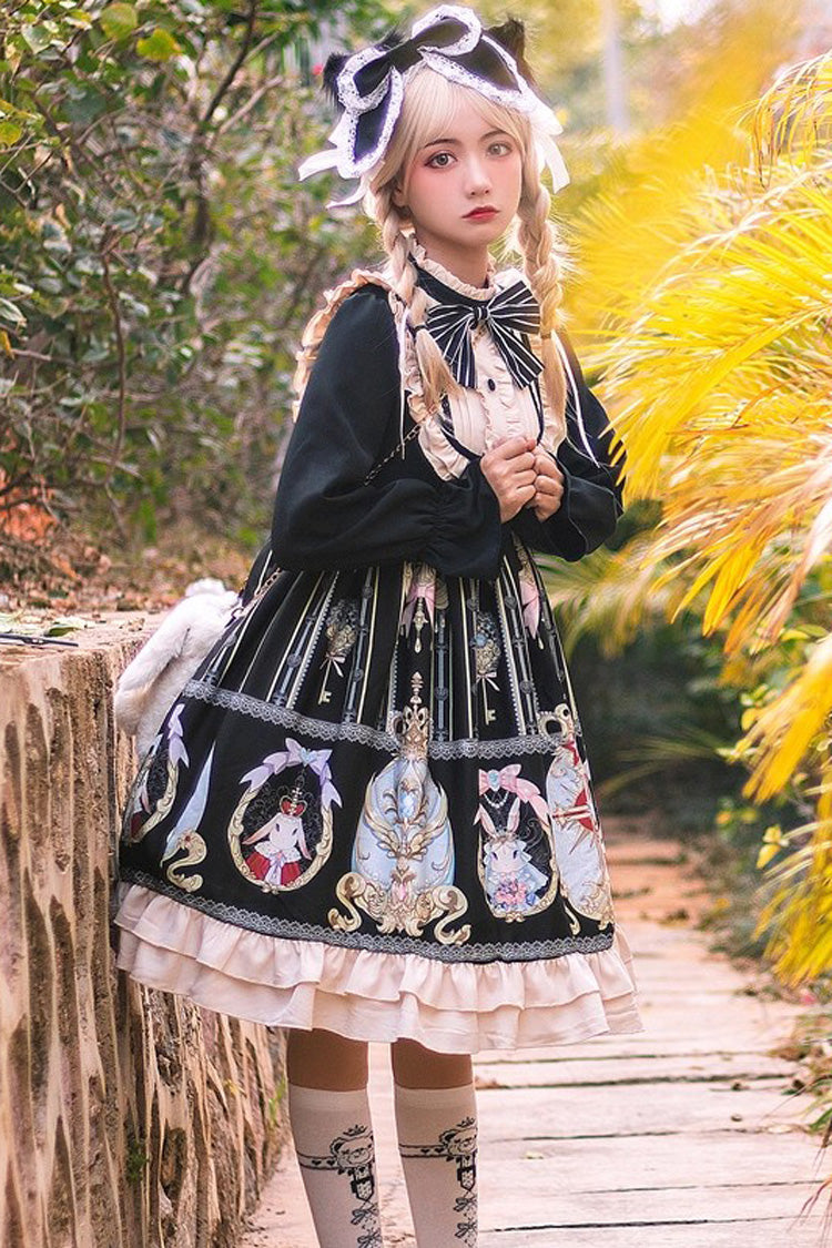 Black Easter Stand Collar Long Sleeves Print Ruffle Bowknot Sweet Plus Size Lolita Dress - Product - 3