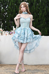 Blue [Mirrorless Dream] Double-Layered Tie-dyed Print Ruffle Bowknot Lace Train Sweet Lolita Jsk Dress - Product - 5