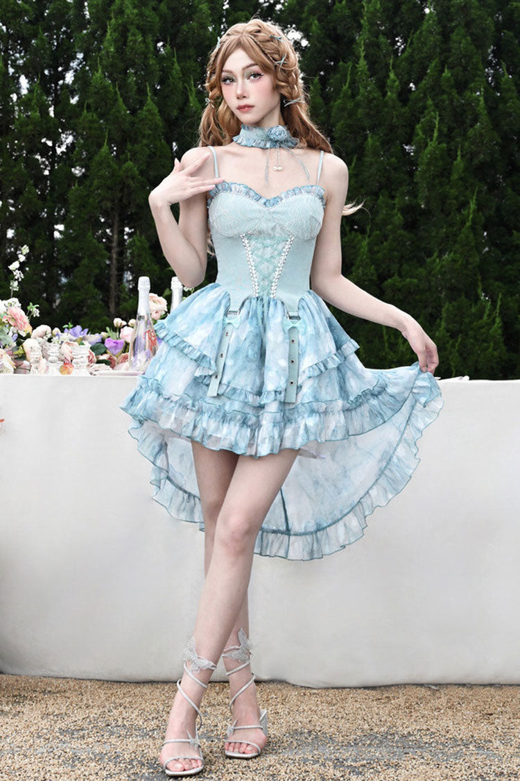 Blue [Mirrorless Dream] Double-Layered Tie-dyed Print Ruffle Bowknot Lace Train Sweet Lolita Jsk Dress - Product - 5