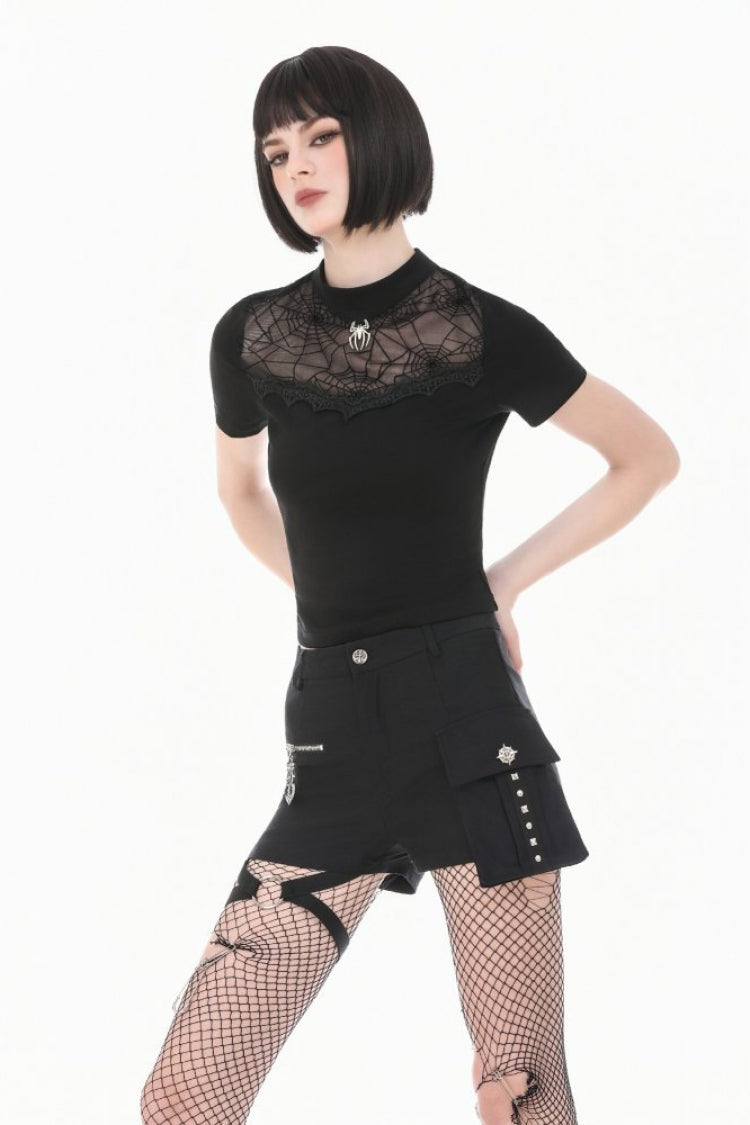 Black Short Sleeves Cut-Out Spider Cobweb Sheer Mesh Women's Gothic Top - Product - 6