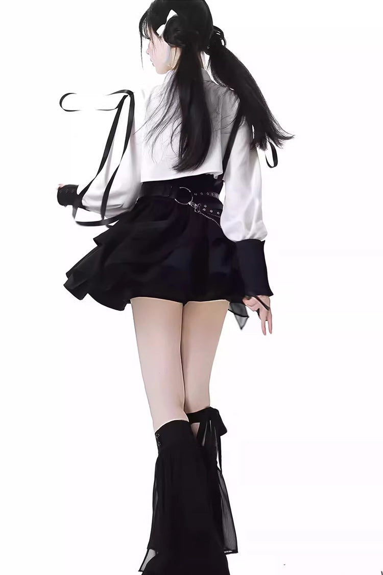 White/Black [Moonlight Flowing] Long/Short Sleeves Ruffled Asymmetric Gothic Jirai Kei Skirt Set - Product - 7