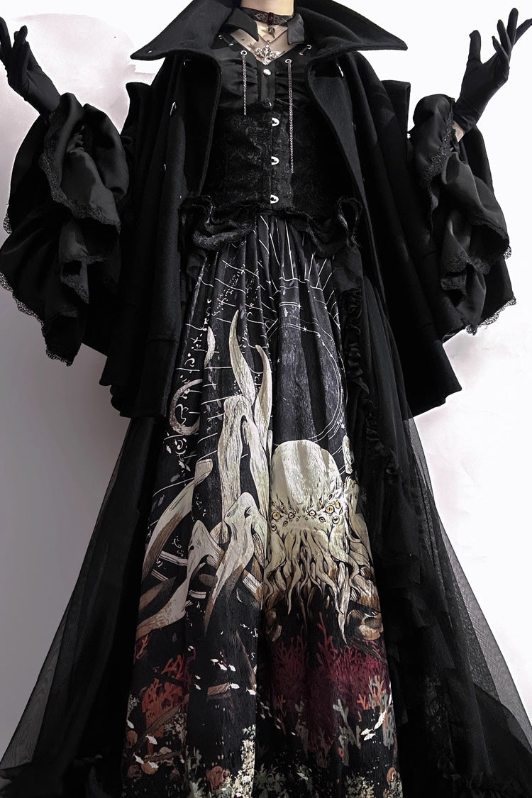 Black [Reborn Ancient God] Long Hime Sleeves Print Lace Gothic Lolita Skirt Dress Set - Product - 13