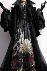 Black [Reborn Ancient God] Long Hime Sleeves Print Lace Gothic Lolita Skirt Dress Set - Product - 13