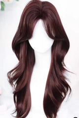 Wine Red Curtain Bangs Soft Long Curls Sweet Lolita Wig - Product - 2