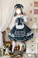 Green [Gingham Petal Bunny] Printed Ruffled Bow Sweet Lolita Jsk Dress - Product - 2