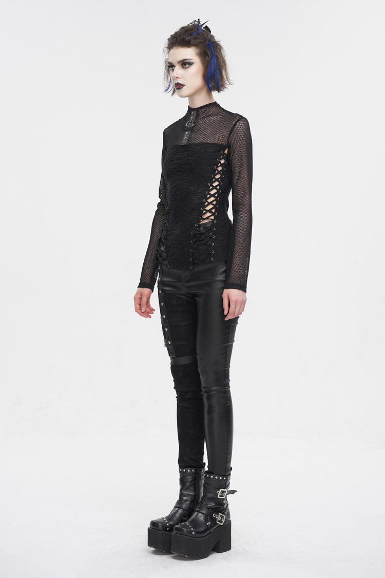 Black Strappy Mesh Splice Ruched Women's Punk Shirt - Product - 4