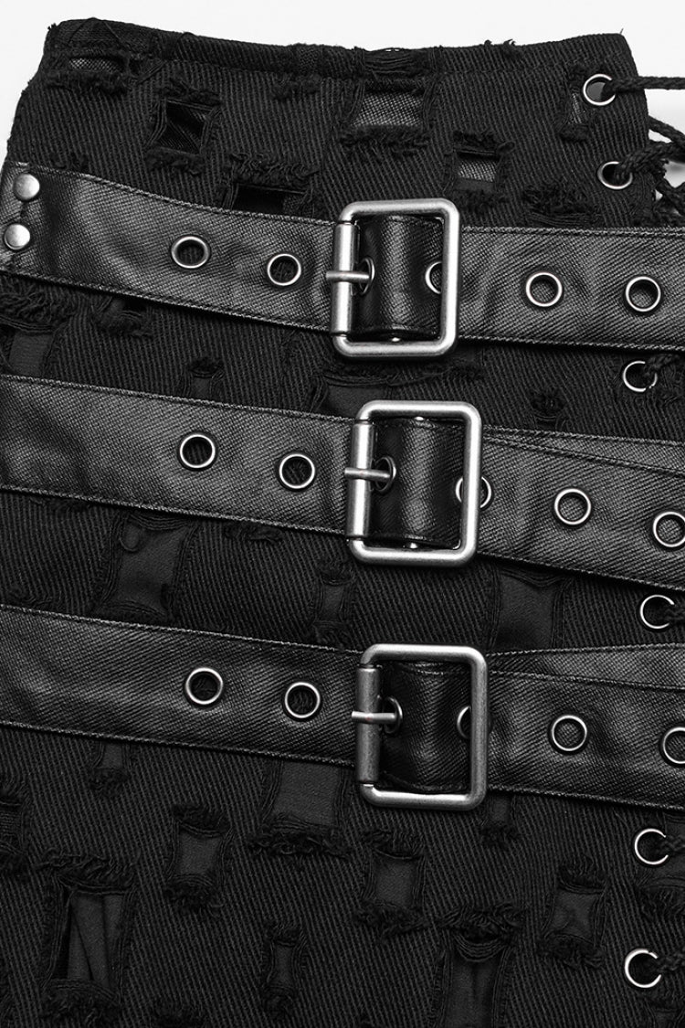 Black Hollow Cross-Taped Stitching Lace-Up Ripped Women's Steampunk Skirt - Product - 5