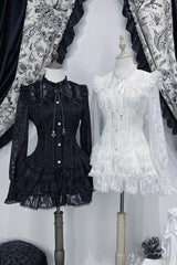 [Rose Bible] Long Sleeves Triple-Layered Multi-Layered Jacquard Ruffled Lace-Up Gothic Jirai Kei Japanese Blouse and Pumpkin Shorts Set 2 Colors - Product - 5