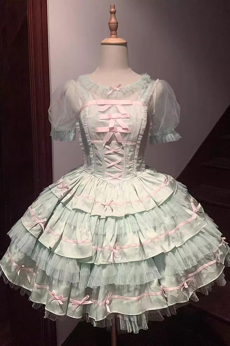 Green Triple-Layered Ruffle Bowknot Lace Fishbone Sweet Ballet Lolita Jsk Dress (Shirt Included) - Green - 1