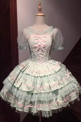 Green Triple-Layered Ruffle Bowknot Lace Fishbone Sweet Ballet Lolita Jsk Dress (Shirt Included) - Green - 1
