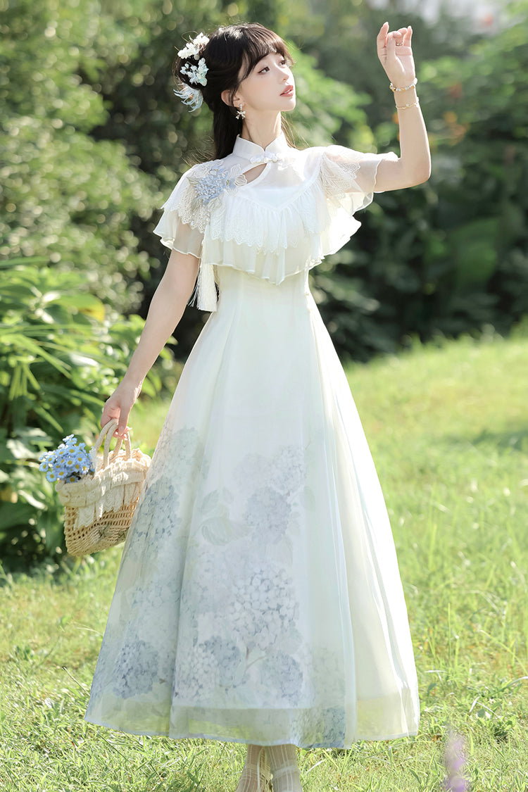 White [Hydrangea Message] Short Sleeves Print Ruffle Lace Sweet Chinese Style Elegant Lolita Dress - Product - 13