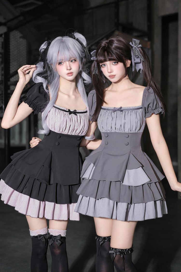 Black Square Collar Off Shoulder Short Sleeves Triple-Layered Bow Vintage Cool Lolita Dress - Product - 7