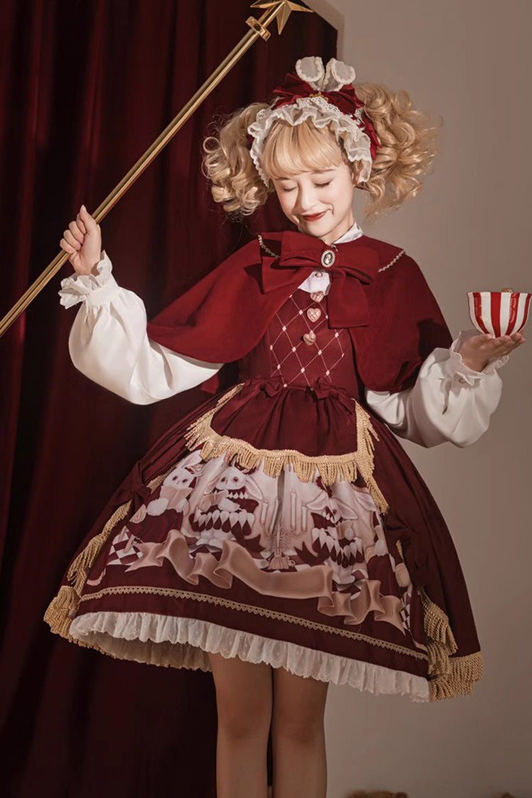 Red Doll Collar [Bunny Reading Club] Print Ruffle Lace Fake Two Pieces Sweet Princess Lolita Dress - Red - 1