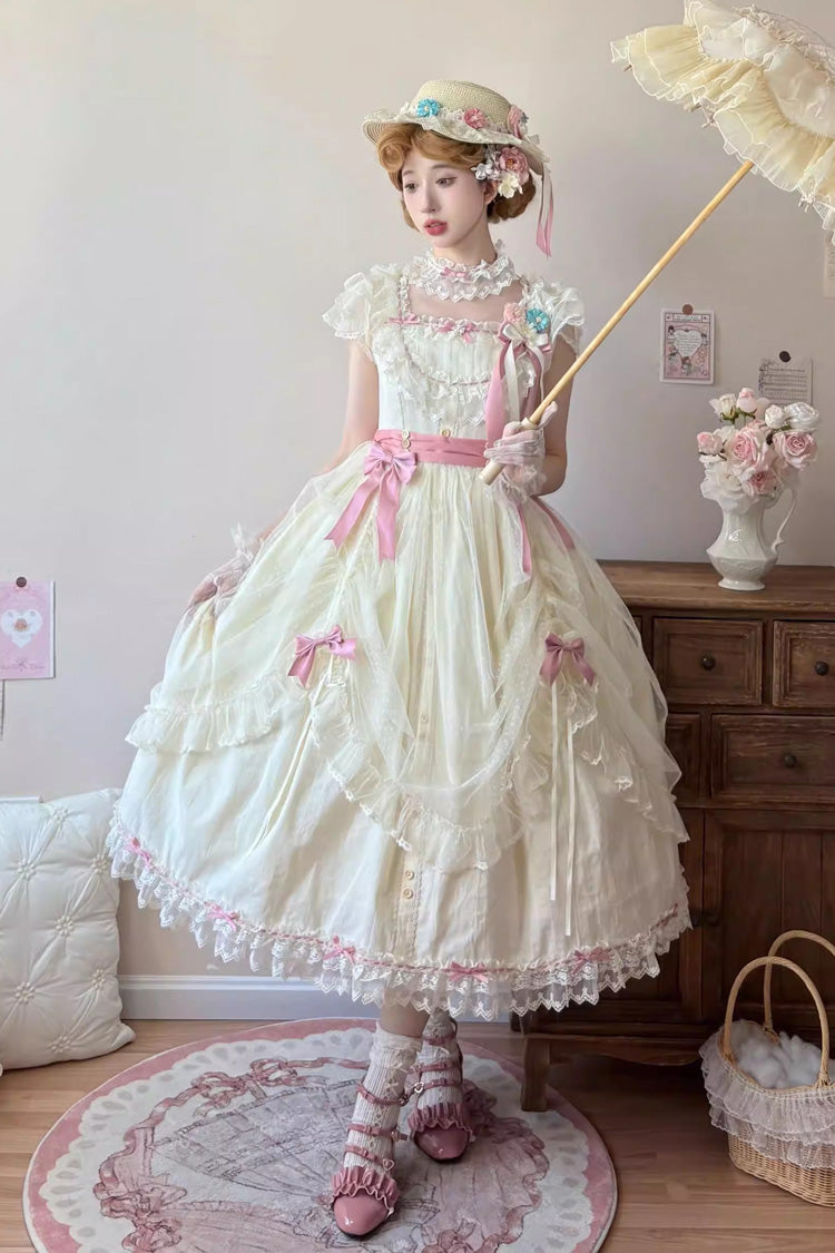 Yellow [Sakura’s Spring Resonance] Sleeveless Ruffled Bow Sweet Lolita Jsk Dress (Long Version) - Yellow - 1