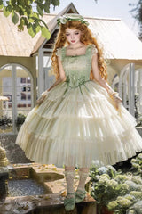 Green [Letters & Poems · Whisper of Lily of the Valley] Square Collar Multi-Layered Ruffled Embroidered Fishbone Sweet Lolita Jsk Dress 2 Versions - Product - 17