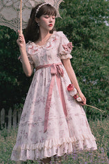 Beige Round Collar Short Sleeves Flower Print High Waist Sweet Lolita OP Dress - Product - 2