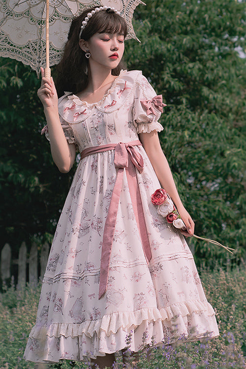 Beige Round Collar Short Sleeves Flower Print High Waist Sweet Lolita OP Dress - Product - 2