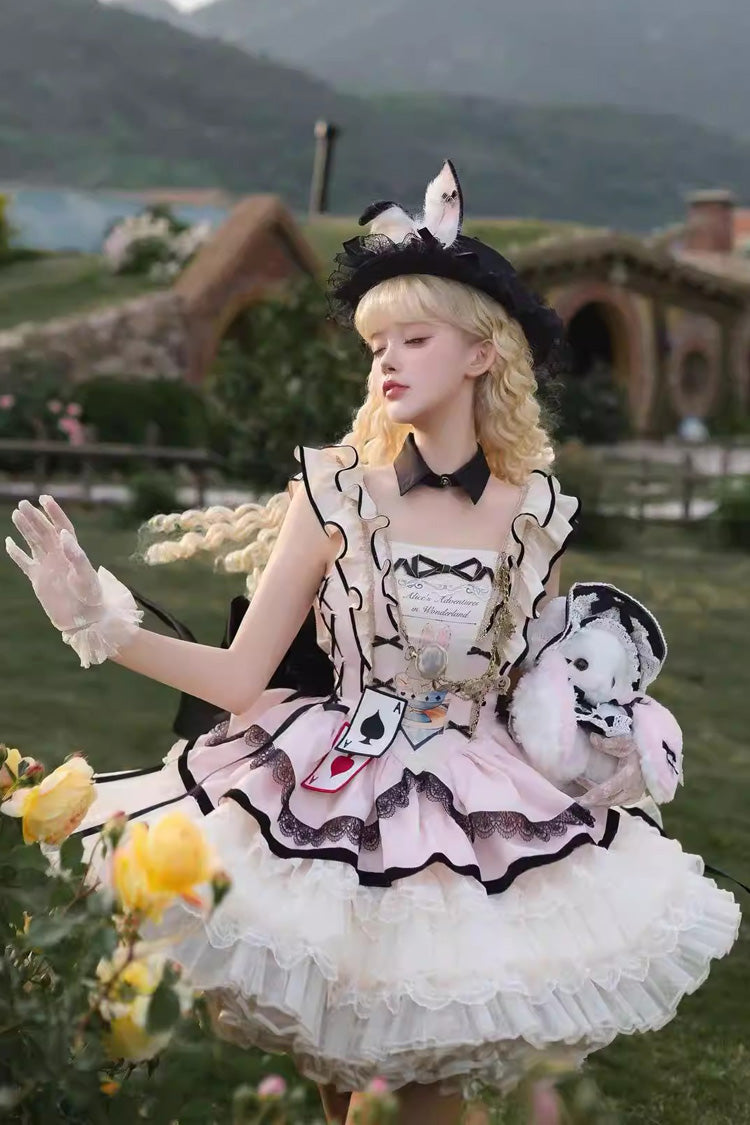 [Binky Bunny Magic] Square Collar Sleeveless Multi-Layered Ruffled Bow Lace Sweet Lolita Jsk Dress 2 Colors - Product - 3