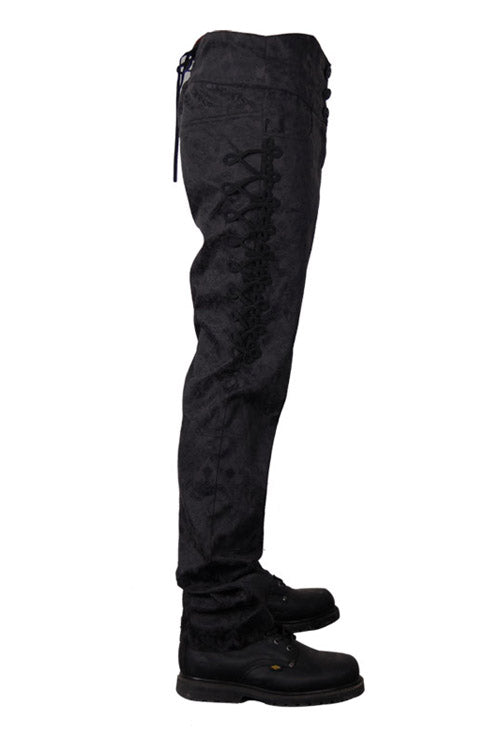 Black Side Discoid Flowers Back Waist Lace Up Gothic Jacquard Mens Pants - Product - 9