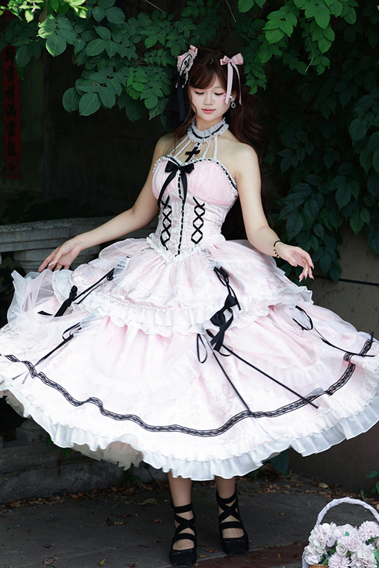 Pink Cross Halterneck Ruffle Bowknot Lace Lace-Up Princess Sweet Lolita Dress - Product - 5