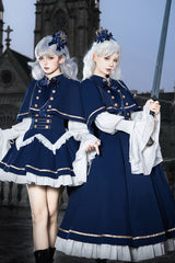 Blue [Eternal Crown] Stand Collar Long Lantern Sleeves Ruffled Color-Blocked Faux Two-Piece Classic Royal Lolita Dress 2 Versions - Product - 2