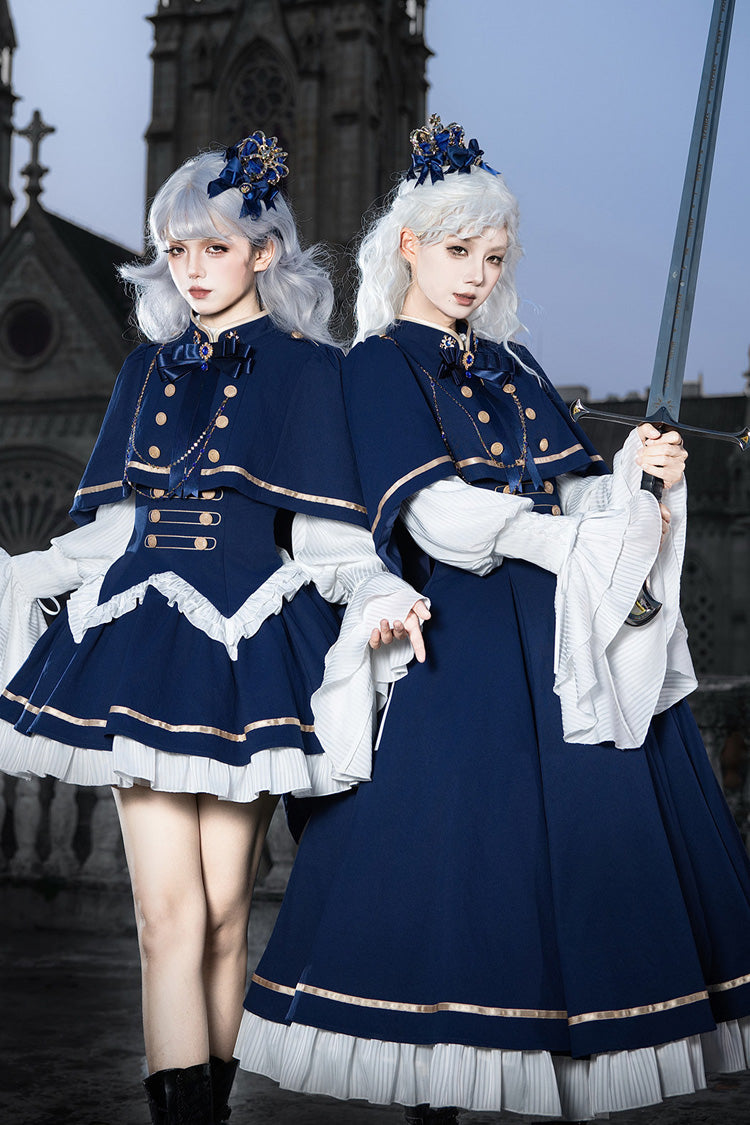 Blue [Eternal Crown] Stand Collar Long Lantern Sleeves Ruffled Color-Blocked Faux Two-Piece Classic Royal Lolita Dress 2 Versions - Product - 2
