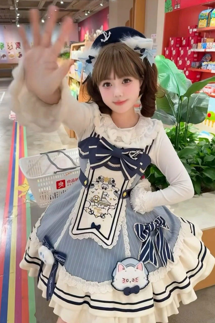 Blue/Ivory [Ride the Wind and Waves] Double-Layered Printed Ruffled Bow Lace Sweet Lolita Jsk Dress Set (Coat Included) - Product - 12