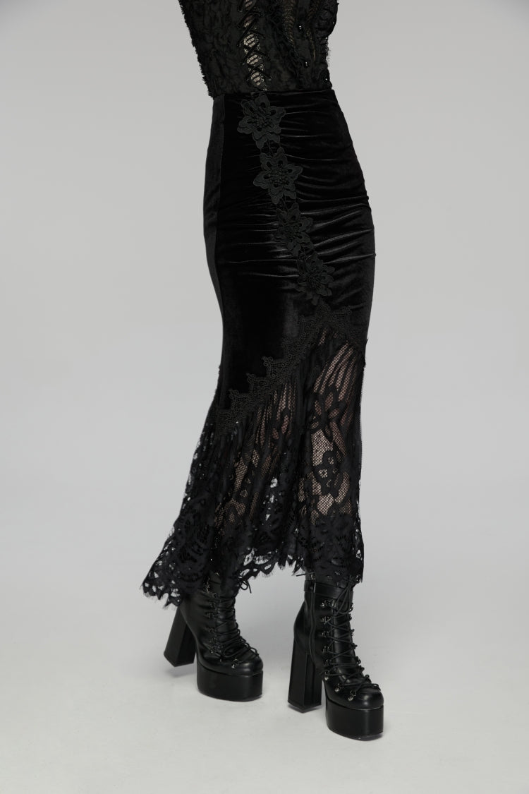 Black Embroidered Lace Slim Women's Gothic Fishtail Velvet Skirt - Product - 6