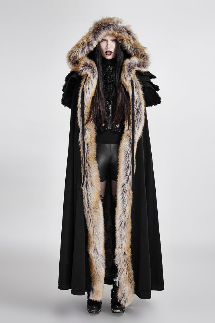 Black Hooded Fur Collar Wool Long Womens Gothic Coat Cloak - Product - 4