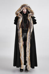 Black Hooded Fur Collar Wool Long Womens Gothic Coat Cloak - Product - 4