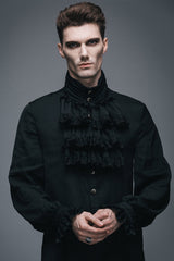 Black Ruffled Lace Button-Up Micro-bullet Chiffon Long Sleeve Men's Gothic Shirt - Product - 2