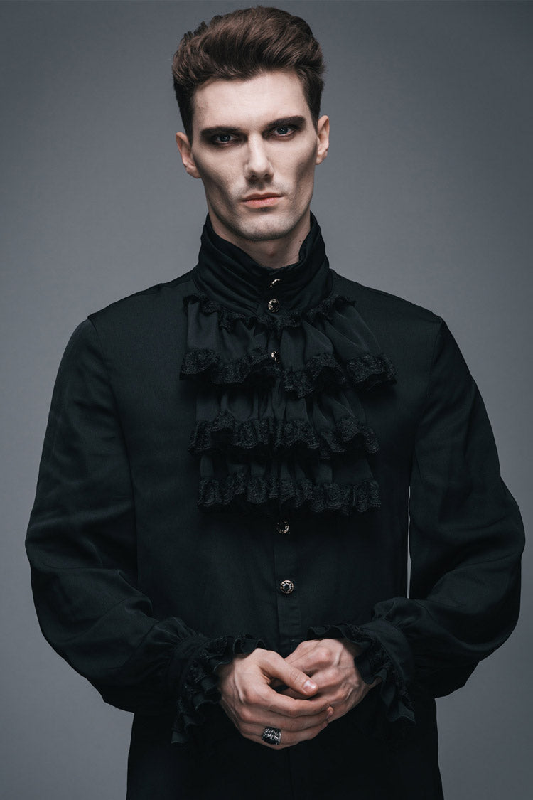 Black Ruffled Lace Button-Up Micro-bullet Chiffon Long Sleeve Men's Gothic Shirt - Product - 2