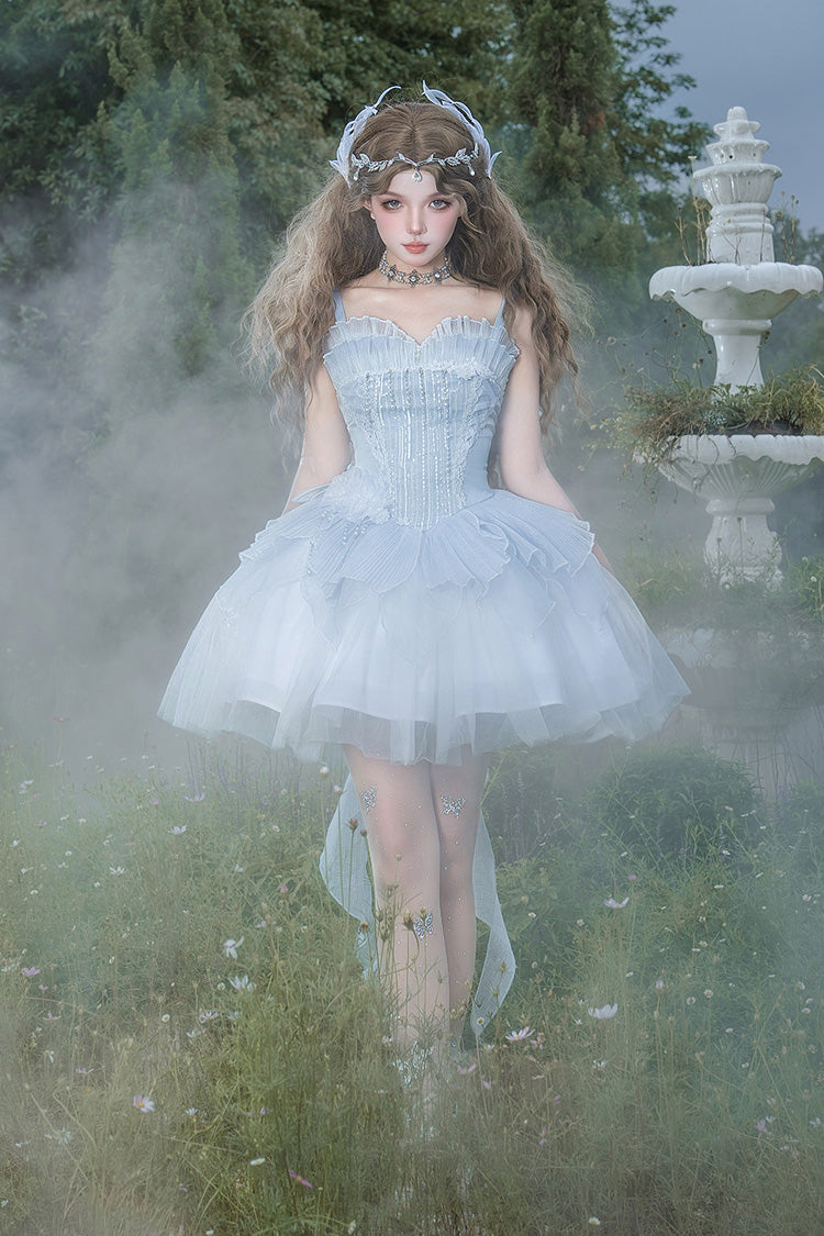 Blue [Spirit in the Mist] Square Collar Sleeveless Ruffled Pearl Detail Sweet Elegant Lolita Jsk Dress - Product - 10