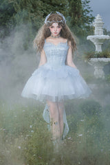 Blue [Spirit in the Mist] Square Collar Sleeveless Ruffled Pearl Detail Sweet Elegant Lolita Jsk Dress - Product - 10