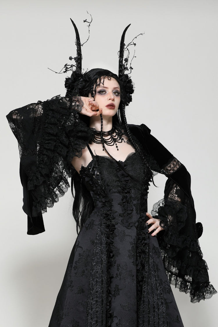 Black Long Puff Flared Sleeves Ruffled Lace Spliced Velvet Women's Gothic Cape - Black - 1